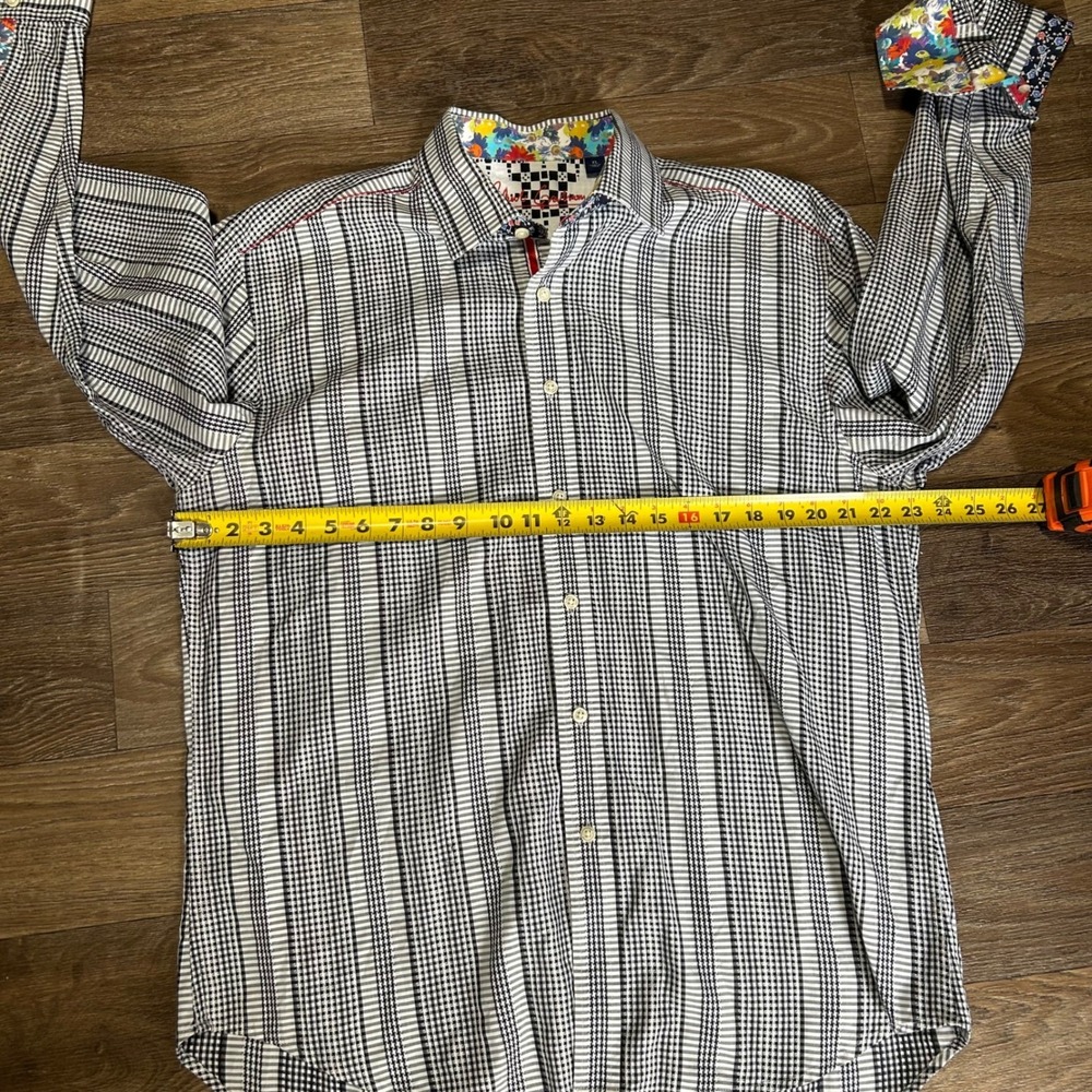 Robert Graham Button Down Shirt Mens XL Black White Plaid Floral Contrast Cuff - Picture 2 of 7
